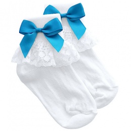 Girls White Lace Socks with Blue Satin Bows