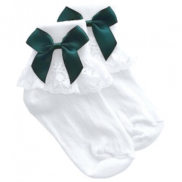 Girls White Lace Socks with Forest Green Satin Bows