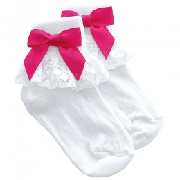 Girls White Lace Socks with Fuchsia Pink Satin Bows