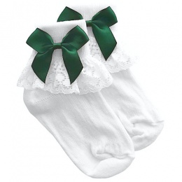 Girls White Lace Socks with Dark Green Satin Bows