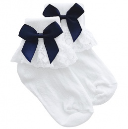 Girls White Lace Socks with Navy Satin Bows