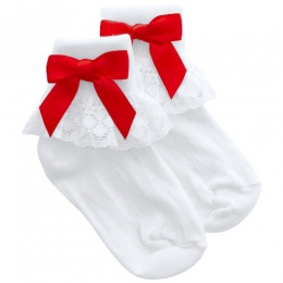 Girls White Lace Socks with Poppy Red Satin Bows