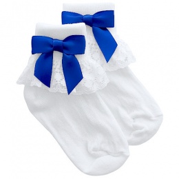 Girls White Lace Socks with Royal Blue Satin Bows