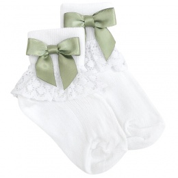 Girls White Lace Socks with Sage Green Satin Bows