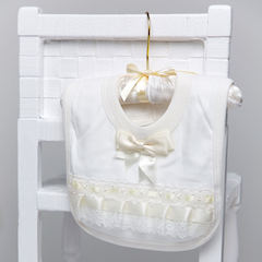Ivory Cotton Bib with Lace & Satin Bow