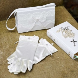Girls Ivory Lace & Ribbon Satin Bag & Gloves Set - Emma & Maria