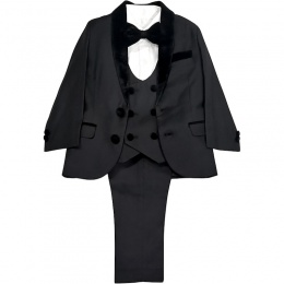 Boys Black 5 Piece Velvet Lapel Tuxedo Suit - Milano Mayfair