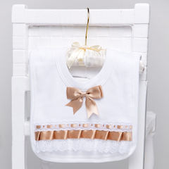 White Cotton Bib with Lace & Gold Satin Ribbon Bow