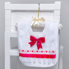 White Cotton Bib with Lace & Hot Pink Satin Ribbon Bow