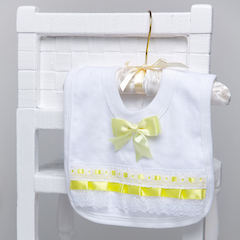 White Cotton Bib with Lace & Lemon Satin Ribbon Bow