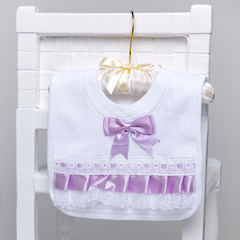 White Cotton Bib with Lace & Lilac Satin Ribbon Bow