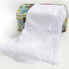 White Ribbon Trim Baby Christening Shawl with Fringed Edge