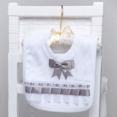 White Cotton Bib with Lace & Silver Satin Ribbon Bow