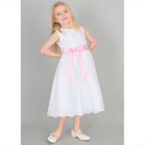 Girls White Floral Lace Dress | Baby Pink Satin Sash | Flower Girl - childrensspecialoccasionwear.co.uk Girls White Floral Lace Dress | Baby Pink Satin Sash | Flower Girl - childrensspecialoccasionwear.co.uk