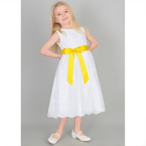 Girls White Floral Lace Dress | Sunshine Yellow Satin Sash | Flower Girl -  childrensspecialoccasionwear.co.uk