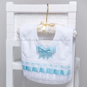White Cotton Bib with Lace & Baby Blue Satin Ribbon Bow