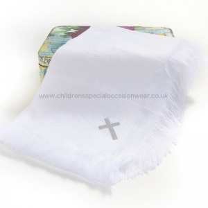 White Baby Christening Shawl with Silver Cross
