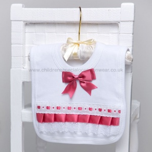 White Cotton Bib with Lace & Dusky Pink Satin Ribbon Bow