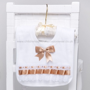 White Cotton Bib with Lace & Gold Satin Ribbon Bow