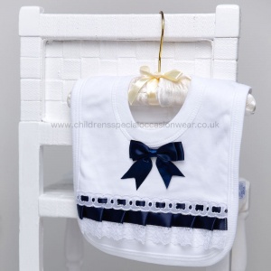 White Cotton Bib with Lace & Navy Satin Ribbon Bow