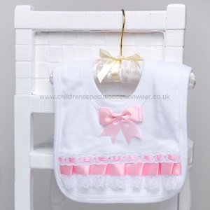 White Cotton Bib with Lace & Baby Pink Satin Ribbon Bow