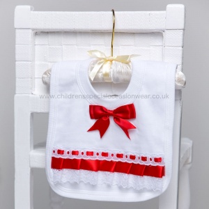 White Cotton Bib with Lace & Red Satin Ribbon Bow